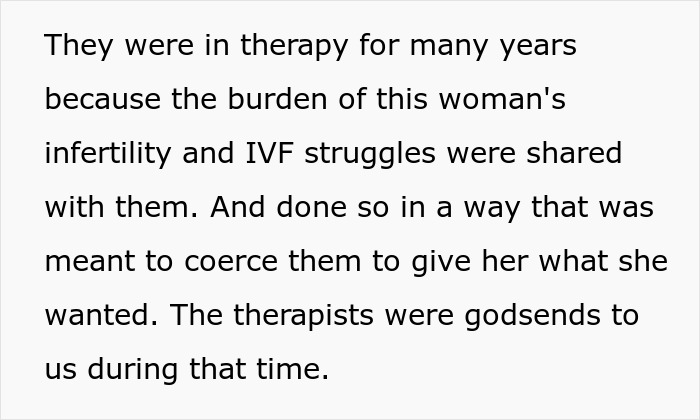 Text excerpt about therapy, infertility, and coercion linked to a stepmom making kids lives difficult. Text excerpt about therapy, infertility, and coercion linked to a stepmom making kids lives difficult.
