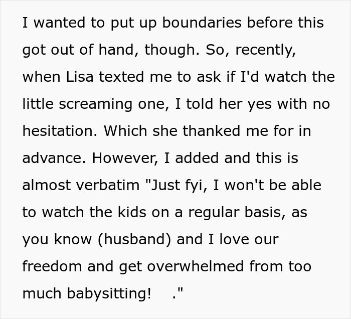 Text message about setting boundaries on babysitting due to feeling overwhelmed as a child-free lady. Text message about setting boundaries on babysitting due to feeling overwhelmed as a child-free lady.