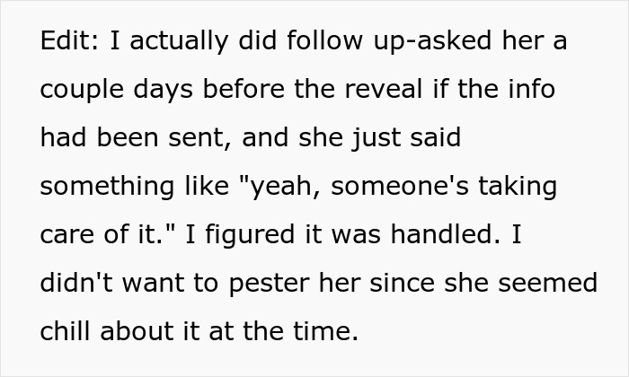 Text message discussing follow-up about details before the gender reveal party with a mention of the pregnant sister. Text message discussing follow-up about details before the gender reveal party with a mention of the pregnant sister.