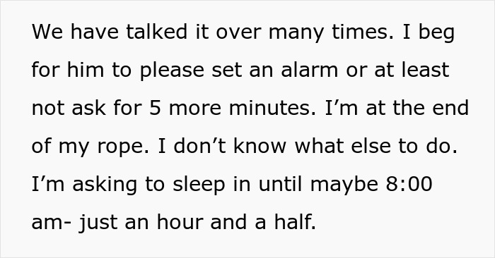 Text showing a wife expressing frustration over sacrificing sleep while husband enjoys lazy mornings, highlighting one-sided effort. Text showing a wife expressing frustration over sacrificing sleep while husband enjoys lazy mornings, highlighting one-sided effort.