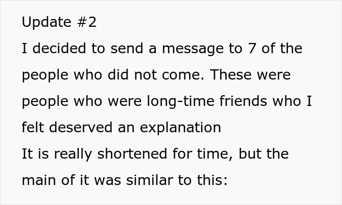 Text update discussing sending a message to longtime friends who missed a ghost friend birthday event. Text update discussing sending a message to longtime friends who missed a ghost friend birthday event.