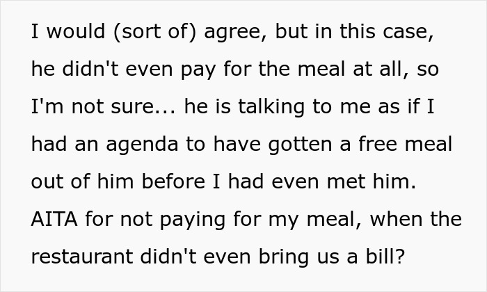 Text excerpt discussing a woman refusing to pay for a meal after a first date with no spark and a man demanding payment.