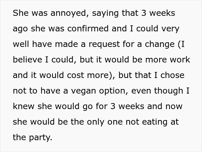 Text excerpt about bride refusing to change the wedding menu for vegan sister-in-law, causing drama. Text excerpt about bride refusing to change the wedding menu for vegan sister-in-law, causing drama.