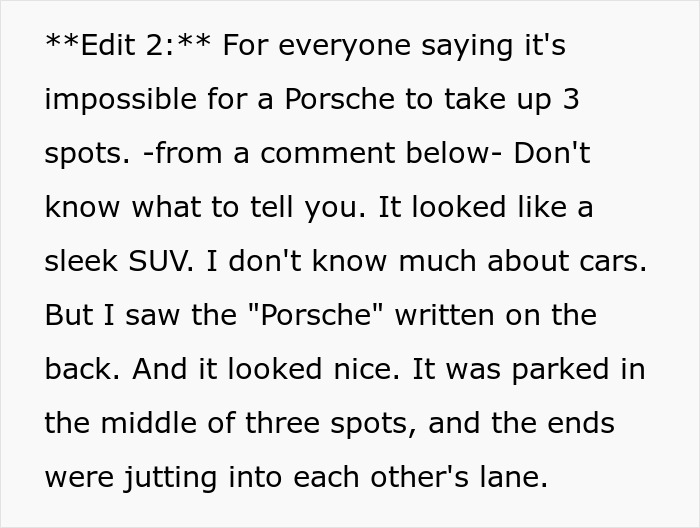 Porsche parked across three handicap spots, causing frustration and blame towards a raccoon by a netizen. Porsche parked across three handicap spots, causing frustration and blame towards a raccoon by a netizen.