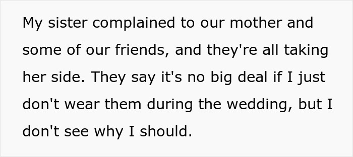 Text excerpt showing a woman explaining her refusal to risk health for sister’s wedding photo aesthetic, causing family upset. Text excerpt showing a woman explaining her refusal to risk health for sister’s wedding photo aesthetic, causing family upset.