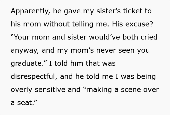 Woman’s graduation day disrupted after husband gives sister-in-law’s seat to his mom without notice or apology Woman’s graduation day disrupted after husband gives sister-in-law’s seat to his mom without notice or apology