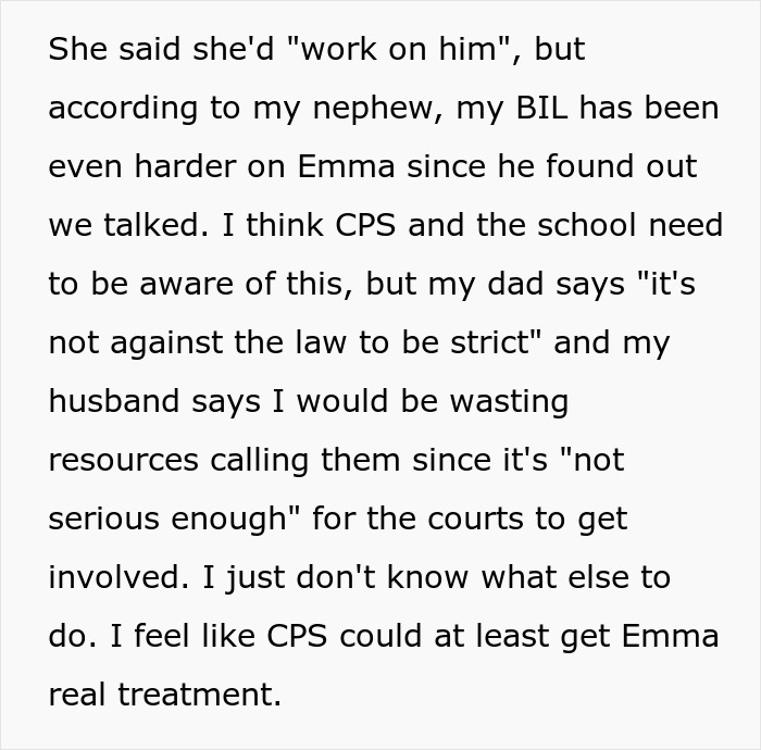 Text discussing concerns about niece’s home life and debating calling CPS for real treatment and school awareness. Text discussing concerns about niece’s home life and debating calling CPS for real treatment and school awareness.