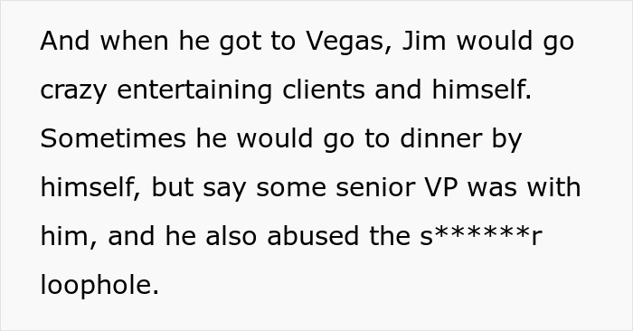 Text excerpt discussing a man entertaining clients in Vegas and using a loophole while dining alone. Text excerpt discussing a man entertaining clients in Vegas and using a loophole while dining alone.