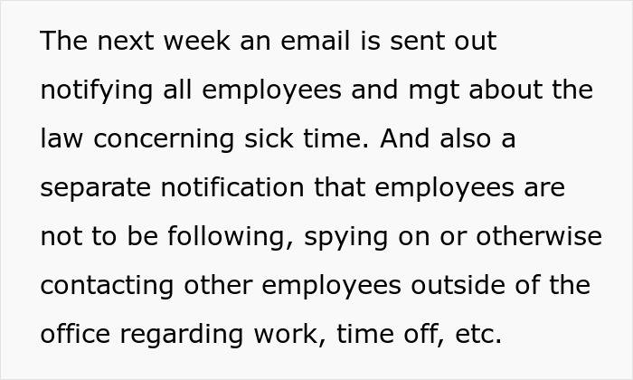 Email notification to employees about sick time laws and a ban on stalking or spying on colleagues outside work. Email notification to employees about sick time laws and a ban on stalking or spying on colleagues outside work.