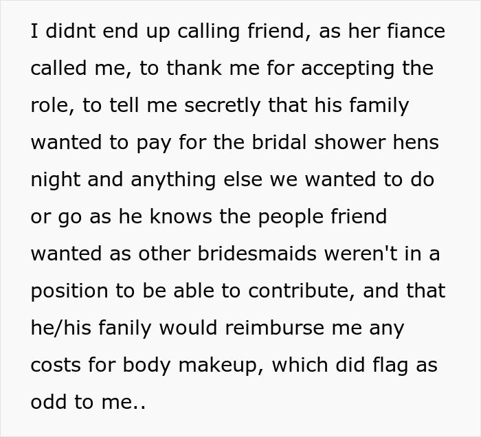 Text about MOH refusing to hide psoriasis for wedding and conflict over body makeup costs shared in a message. Text about MOH refusing to hide psoriasis for wedding and conflict over body makeup costs shared in a message.