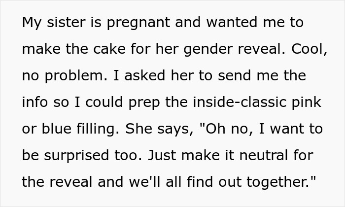 Text post about pregnancy and gender reveal cake, mentioning gray cake and pregnant sister’s request for a neutral surprise. Text post about pregnancy and gender reveal cake, mentioning gray cake and pregnant sister’s request for a neutral surprise.
