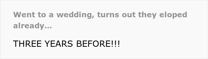 Wedding guests looking shocked and confused after couple reveals they eloped three years before the wedding day.
