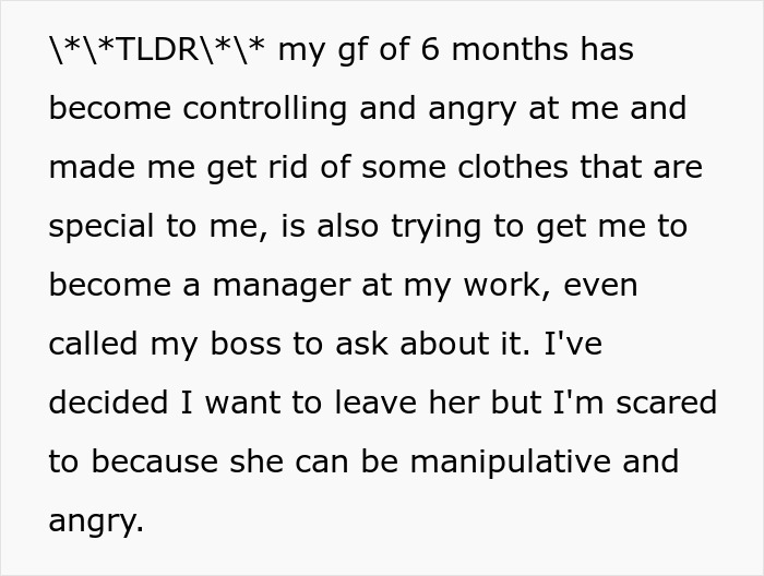 Text post describing changes in girlfriend behaviour in a relationship and feelings of control and manipulation.