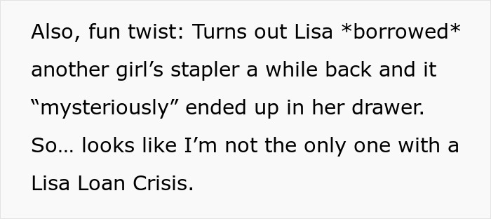 Text excerpt about a lady famous for not returning items, revealing a coworker remains unbothered by the charger tantrum. Text excerpt about a lady famous for not returning items, revealing a coworker remains unbothered by the charger tantrum.
