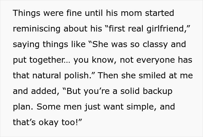 Text showing a woman being compared to her boyfriend’s classy ex by his mom, feeling shocked and downgraded.