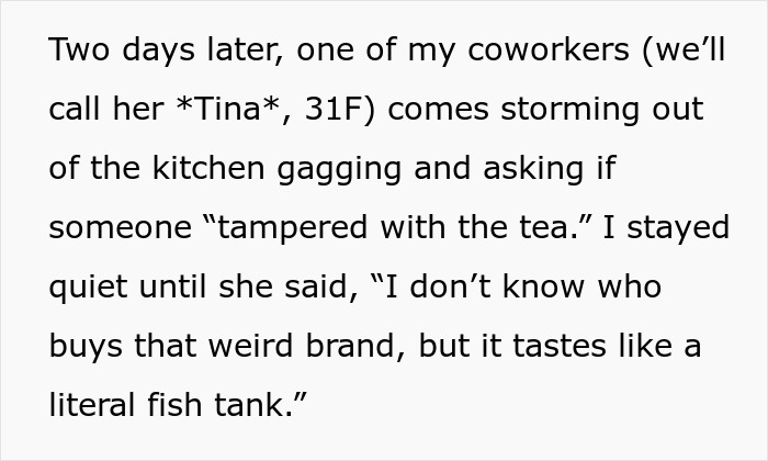 Coworker reacting to tampered tea in office kitchen, complaining about strange taste like a fish tank. Coworker reacting to tampered tea in office kitchen, complaining about strange taste like a fish tank.