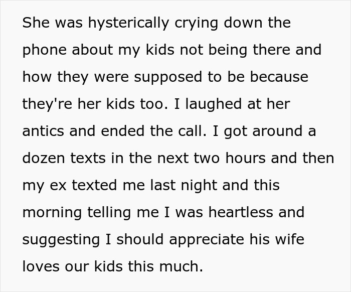 Text describing a stepmom making kids' lives difficult and throwing a hysterical fit over Mother's Day plans. Text describing a stepmom making kids' lives difficult and throwing a hysterical fit over Mother's Day plans.
