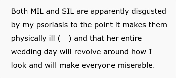 Text excerpt discussing MIL and SIL being disgusted by psoriasis affecting the wedding day due to appearance concerns. Text excerpt discussing MIL and SIL being disgusted by psoriasis affecting the wedding day due to appearance concerns.