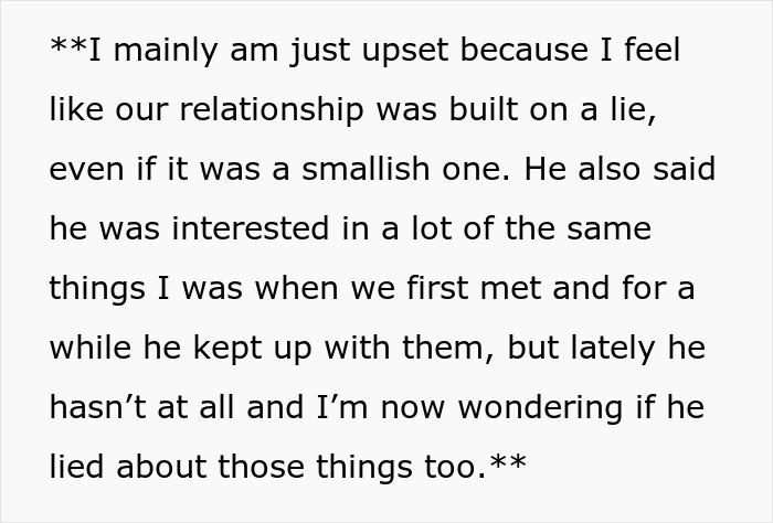 Text from a woman expressing upset over feeling their love story is a lie after learning her boyfriend stalked her before they met. Text from a woman expressing upset over feeling their love story is a lie after learning her boyfriend stalked her before they met.