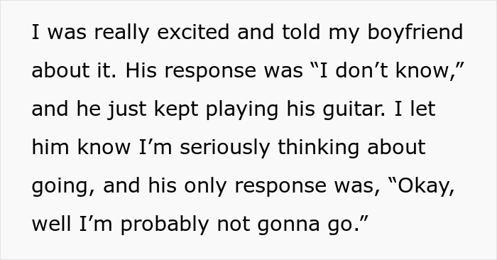 Text showing a woman considering a move to Alaska alone and discussing her plans with her boyfriend. Text showing a woman considering a move to Alaska alone and discussing her plans with her boyfriend.