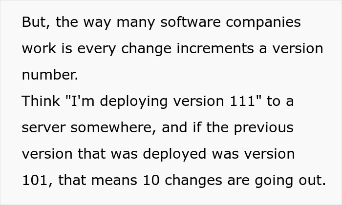 Text on screen explaining software deployment rules and version changes highlighting employee following unworkable deployment rule. Text on screen explaining software deployment rules and version changes highlighting employee following unworkable deployment rule.