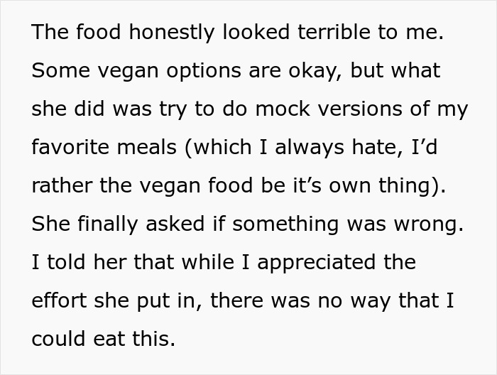 Alt text: Man refusing to eat vegan meal prepared for girlfriend’s birthday, expressing dislike for mock versions of favorite dishes.