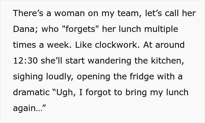 Text about a worker named Dana whose coworkers add labels to protect their food from a lunch thief. Text about a worker named Dana whose coworkers add labels to protect their food from a lunch thief.