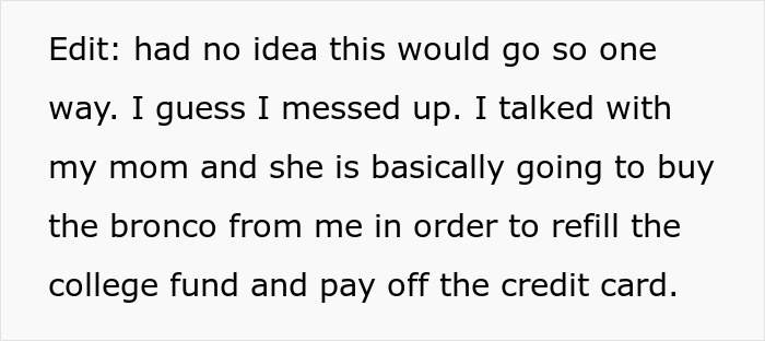 Text showing a man admitting he deceived his postpartum wife to buy a 1972 Ford Bronco for $23K, later arranging to sell it. Text showing a man admitting he deceived his postpartum wife to buy a 1972 Ford Bronco for $23K, later arranging to sell it.