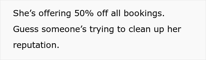 Text showing an offer of 50 percent off all bookings with a comment about cleaning up a reputation related to venue host disputes. Text showing an offer of 50 percent off all bookings with a comment about cleaning up a reputation related to venue host disputes.