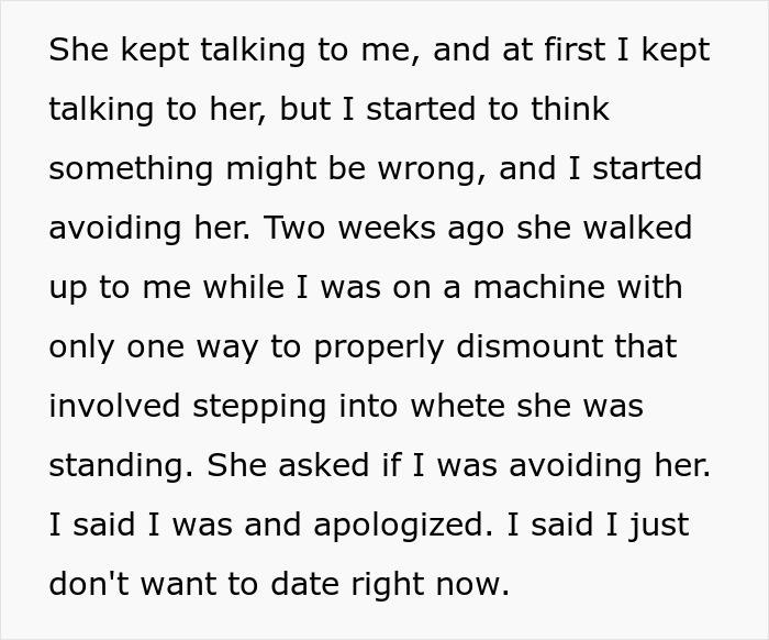 Text about a man avoiding a gym stalker who confronts him and reacts aggressively after rejection. Text about a man avoiding a gym stalker who confronts him and reacts aggressively after rejection.