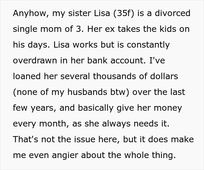 Text excerpt discussing a divorced single mom and her sister's financial support amid babysitting concerns. Text excerpt discussing a divorced single mom and her sister's financial support amid babysitting concerns.