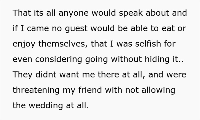 Text discussing a maid of honor refusing to hide psoriasis at a wedding, leading to being banned without body makeup. Text discussing a maid of honor refusing to hide psoriasis at a wedding, leading to being banned without body makeup.