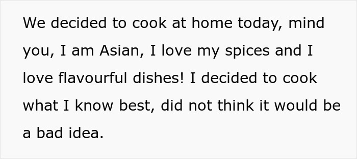 Text excerpt emphasizing use of spices and cooking at home, highlighting cultural cooking preferences and reactions. Text excerpt emphasizing use of spices and cooking at home, highlighting cultural cooking preferences and reactions.