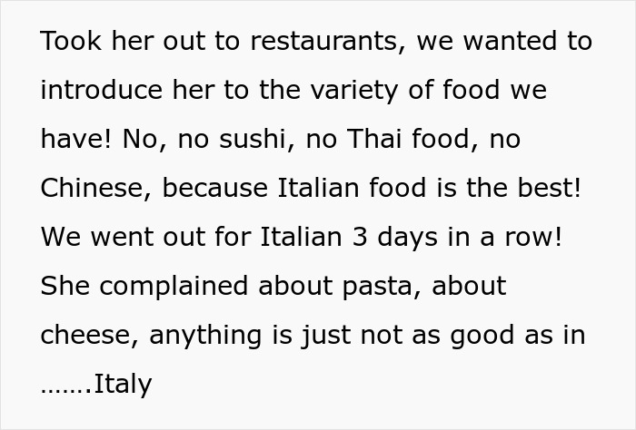 Woman hosts hubby’s Italian friend, uses spices and drinks cappuccino in afternoon, getting mocked for cultural differences. Woman hosts hubby’s Italian friend, uses spices and drinks cappuccino in afternoon, getting mocked for cultural differences.
