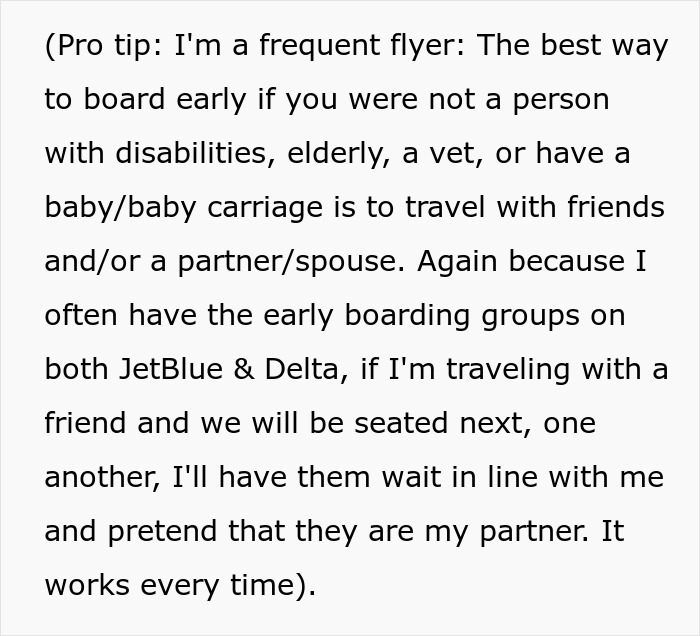Entitled plane passenger tries to cut cue but is quickly put in her proper place behind other travelers. Entitled plane passenger tries to cut cue but is quickly put in her proper place behind other travelers.