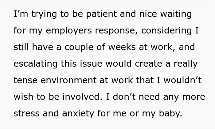 Screenshot of a message describing stress and anxiety while waiting for employer’s response about maternity leave eligibility. Screenshot of a message describing stress and anxiety while waiting for employer’s response about maternity leave eligibility.