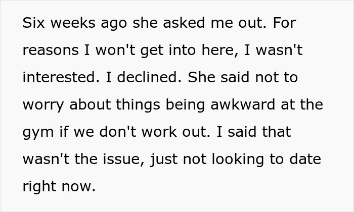 Text excerpt describing a man avoiding a gym stalker who becomes aggressive after rejection. Text excerpt describing a man avoiding a gym stalker who becomes aggressive after rejection.