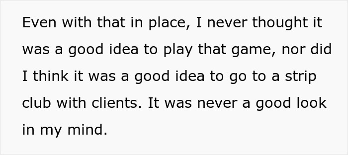 Text excerpt about playing a game and going to a strip club with clients, discussing a bad decision in Vegas. Text excerpt about playing a game and going to a strip club with clients, discussing a bad decision in Vegas.