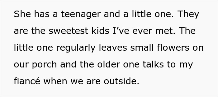 Text excerpt describing a mother with two children, highlighting their kindness and neighborly interactions.