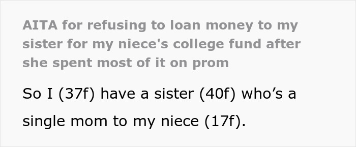 Text excerpt about a woman discovering her niece's college fund was used for prom without permission. Text excerpt about a woman discovering her niece's college fund was used for prom without permission.