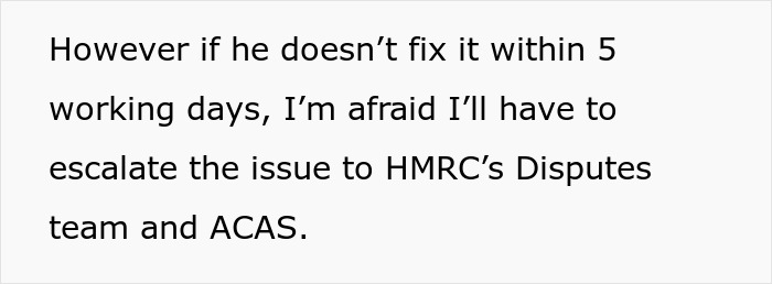 Text excerpt from a letter discussing maternity leave eligibility and escalation to HMRC’s Disputes team and ACAS. Text excerpt from a letter discussing maternity leave eligibility and escalation to HMRC’s Disputes team and ACAS.