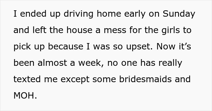 Text excerpt showing a bride’s upset message about her dream bachelorette turning into a lonely cry-fest. Text excerpt showing a bride’s upset message about her dream bachelorette turning into a lonely cry-fest.