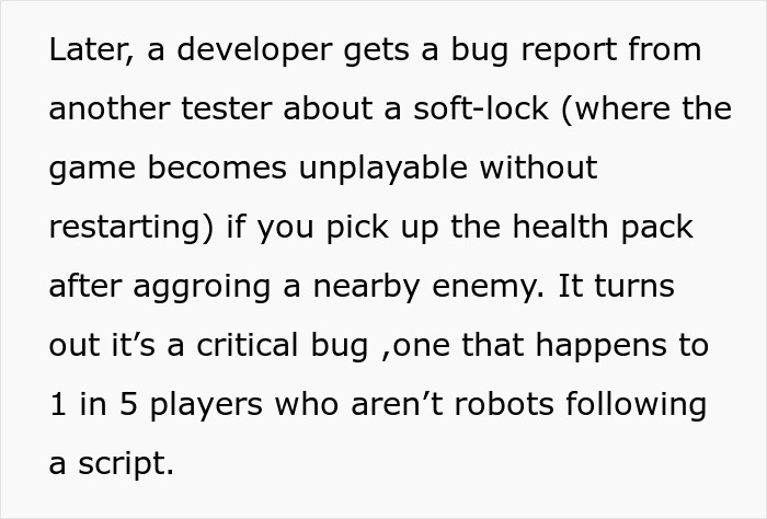 Developer reports critical game bug during exploratory testing after lead restricts the process, affecting player experience severely.