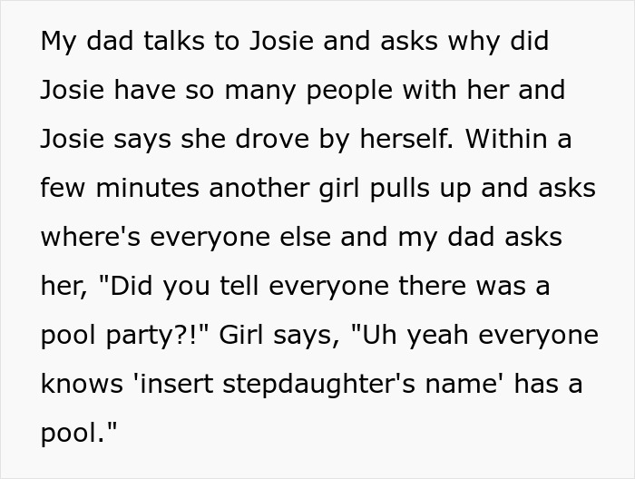 Conversation about the friend stepdaughter pool party reveals unexpected guests and surprising details.