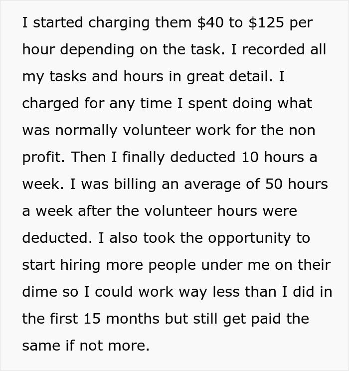 Text excerpt describing an employee billing detailed hours for non-profit work, addressing employee and non-profit conflict. Text excerpt describing an employee billing detailed hours for non-profit work, addressing employee and non-profit conflict.