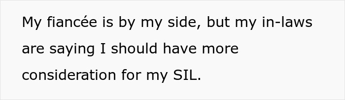 Text on a white background stating a dilemma about showing consideration for a vegan sister-in-law with wedding menu choices. Text on a white background stating a dilemma about showing consideration for a vegan sister-in-law with wedding menu choices.