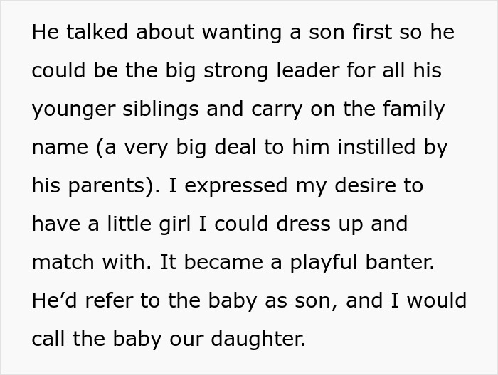 Text excerpt discussing a husband's desire for a son influenced by his parents and playful banter about baby’s gender. Text excerpt discussing a husband's desire for a son influenced by his parents and playful banter about baby’s gender.