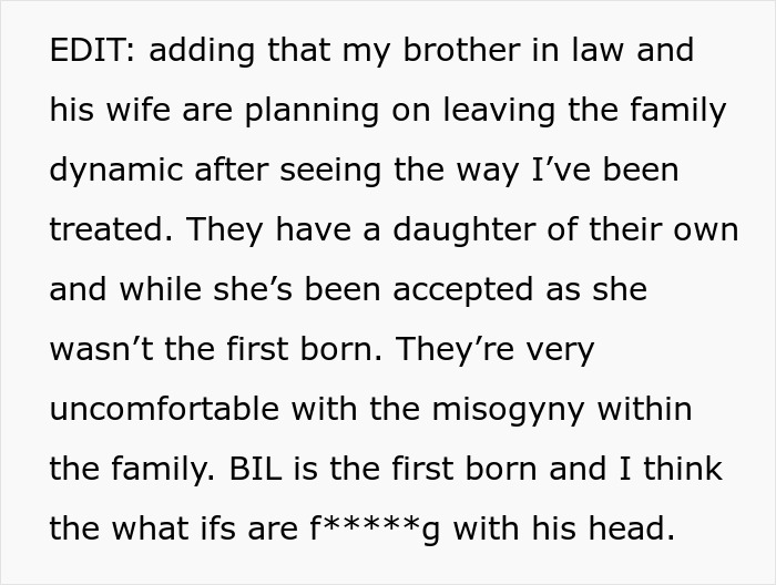 Text excerpt discussing family conflicts and discomfort with misogyny affecting relationships and decisions. Text excerpt discussing family conflicts and discomfort with misogyny affecting relationships and decisions.
