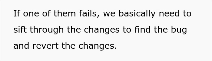 Text excerpt showing a statement about debugging and reverting changes related to deployment policy issues. Text excerpt showing a statement about debugging and reverting changes related to deployment policy issues.