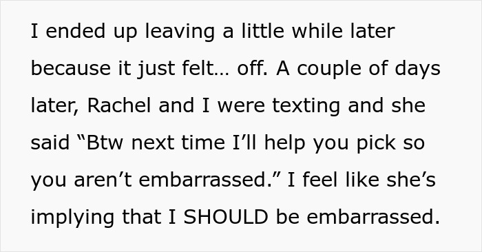 Text excerpt showing someone feeling embarrassed after cosplaying as Phoebe Buffay, shamed by a friend. Text excerpt showing someone feeling embarrassed after cosplaying as Phoebe Buffay, shamed by a friend.